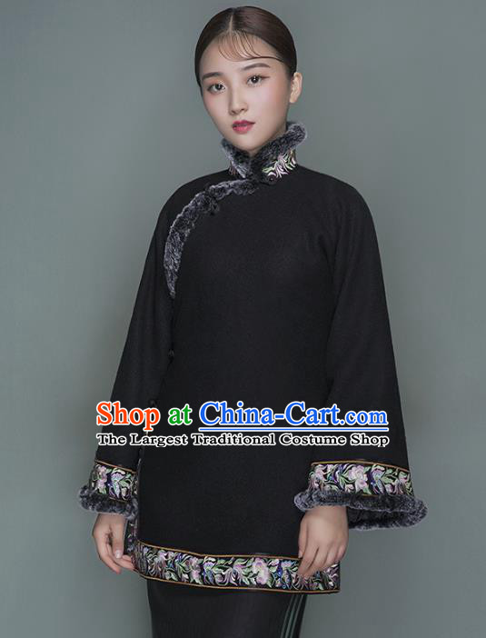 Chinese Tang Suit Outer Garment Woman Winter Clothing National Embroidered Black Woolen Jacket