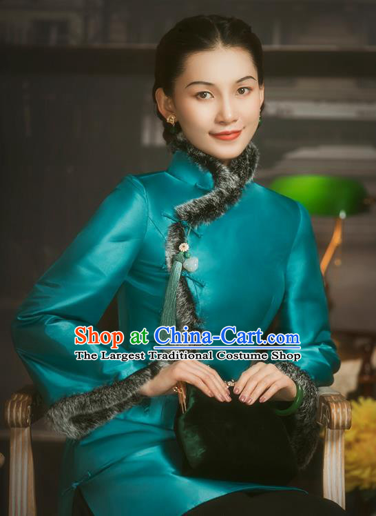 Chinese Tang Suit Outer Garment Clothing National Blue Silk Cotton Wadded Coat
