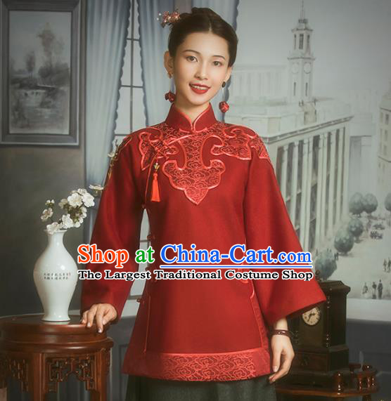 Chinese National Wedding Bride Upper Outer Garment Clothing Tang Suit Embroidered Red Woolen Jacket