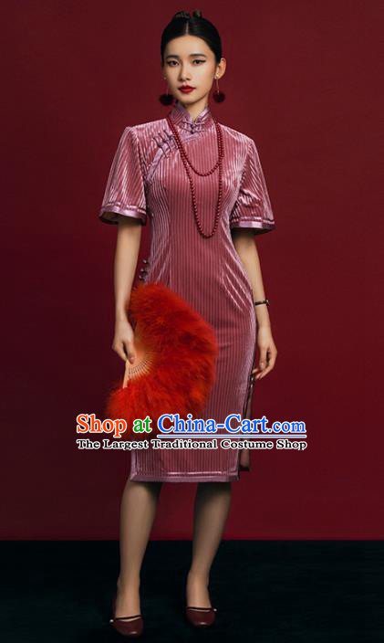 China Traditional Minguo Shanghai Beauty Qipao Dress Classical Young Lady Pink Velvet Cheongsam