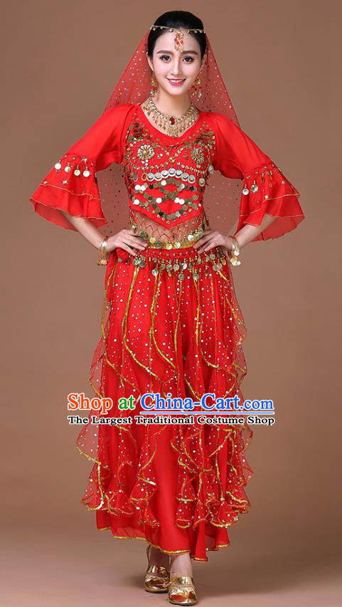 Indian Bollywood Sexy Dance Clothing Princess Dance Sequins Blouse and Skirt Belly Dance Red Uniforms