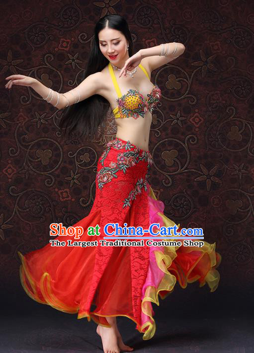 Indian Belly Dance Costumes Oriental Dance Bra and Red Lace Skirt Asian Raks Sharki Performance Uniforms