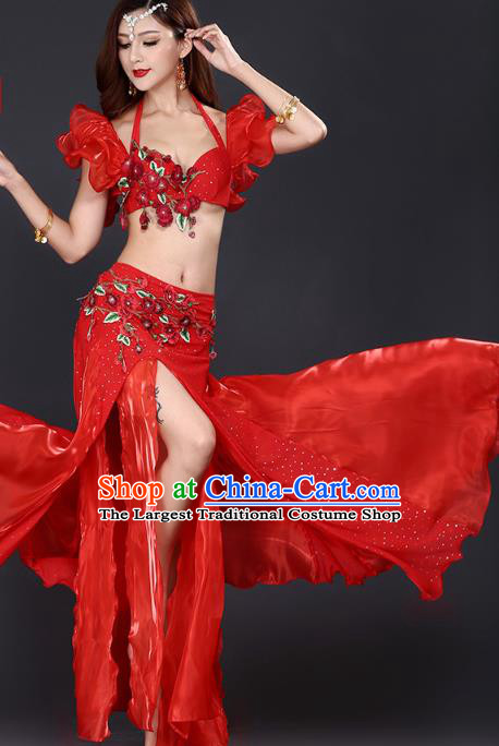 Indian Oriental Dance Red Bra and Skirt Uniforms Asian Belly Dance Training Costumes