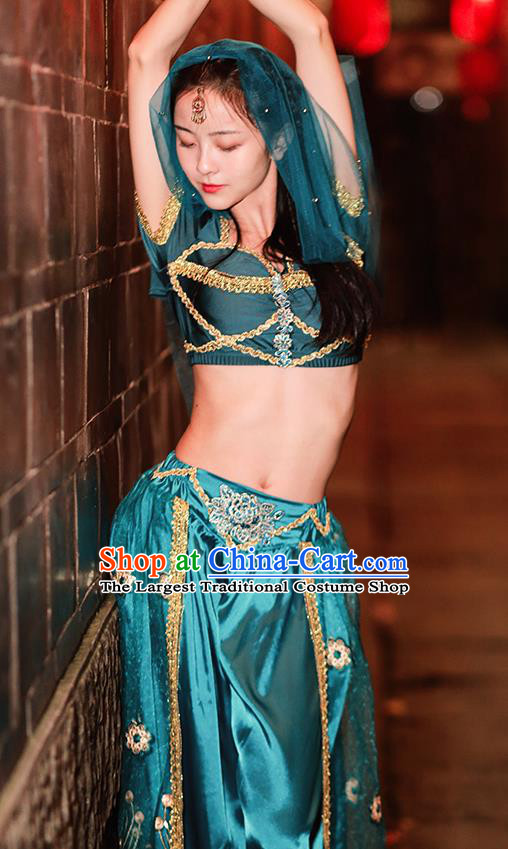Asian Traditional Belly Dance Green Uniforms Bollywood Performance Clothing Indian Jasmine Princess Blouse and Skirt