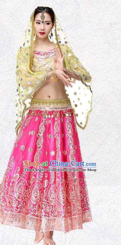 Indian Dance Golden Top and Rosy Skirt Asian Traditional Bollywood Performance Dress Belly Dance Costume