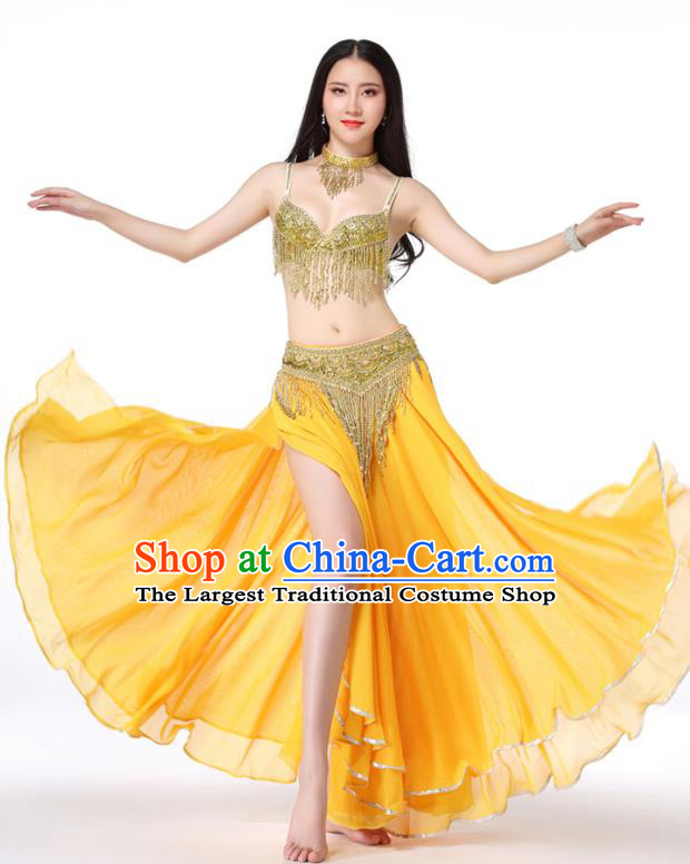 Asian Performance Golden Tassel Bra and Skirt Indian Traditional Belly Dance Uniforms Oriental Dance Costumes