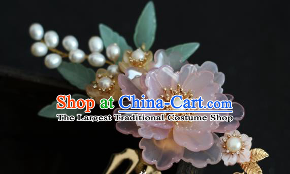 China Ming Dynasty Pink Flowers Hair Comb Traditional Hanfu Hair Accessories Ancient Princess Pearls Hairpin