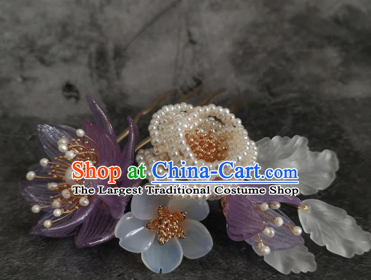 China Ancient Imperial Consort Pearls Hairpin Ming Dynasty Purple Flower Hair Comb Traditional Hanfu Hair Accessories