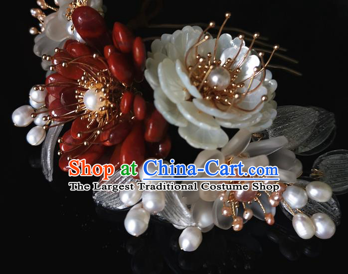 China Ming Dynasty Shell Peony Hair Comb Traditional Hanfu Hair Accessories Ancient Palace Lady Agate Chrysanthemum Hairpin