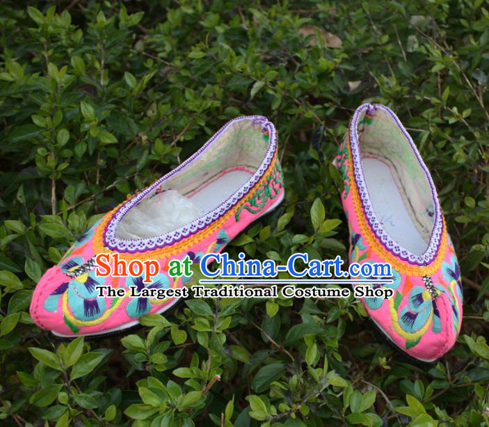 Chinese National Pink Embroidered Shoes Handmade Strong Cloth Soles Shoes Ethnic Female Shoes Traditional Yi Nationality Shoes