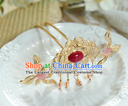 China Traditional Hanfu Hair Accessories Ancient Empress Hairpin Handmade Ming Dynasty Golden Peony Hair Stick