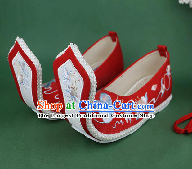 Chinese Ancient Princess Wedding Shoes Embroidered Butterfly Red Cloth Shoes Traditional Zhou Dynasty Hanfu Shoes
