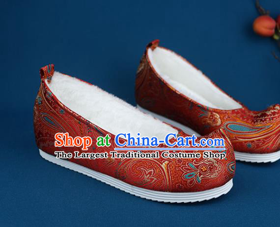 Chinese Traditional Red Brocade Shoes Ming Dynasty Satin Shoes Handmade Wedding Shoes Ancient Princess Shoes