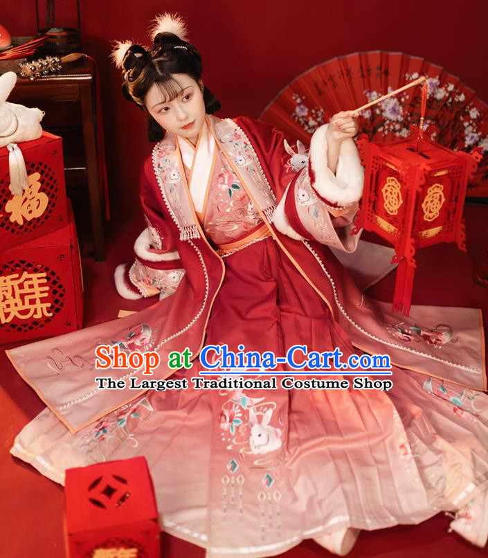 China Ancient Young Beauty Hanfu Dress Garments Traditional Song Dynasty Winter Embroidered Historical Clothing Complete Set