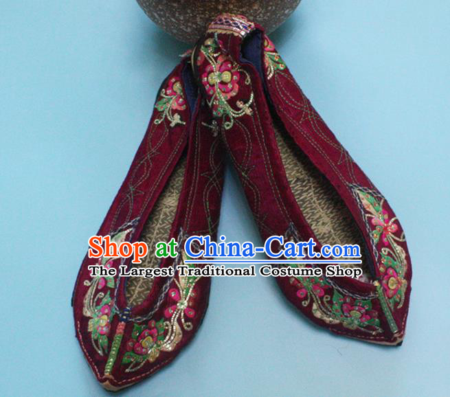 Chinese Folk Dance Wine Red Satin Shoes Traditional Yi Nationality Embroidered Shoes Handmade Strong Cloth Soles Shoes