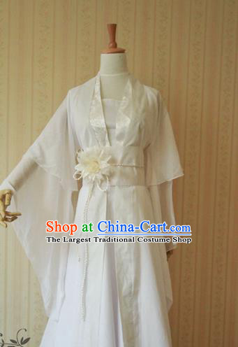 China Ancient Fairy Garments Traditional Song Dynasty Young Lady White Hanfu Dress Cosplay Swordswoman Clothing