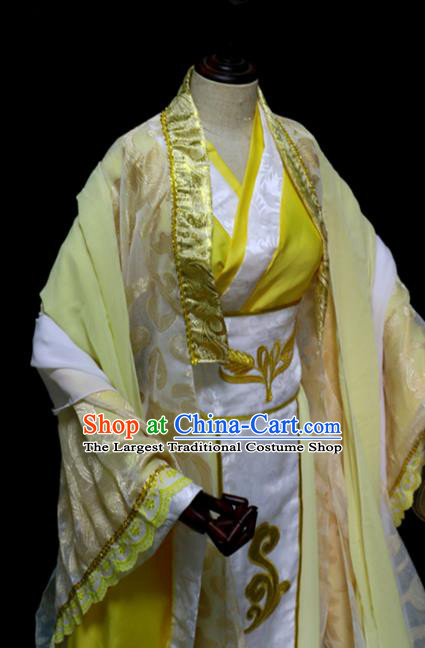China Traditional Qin Dynasty Empress Yellow Hanfu Dress Cosplay Swordswoman Clothing Ancient Royal Queen Garments