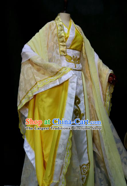 China Traditional Qin Dynasty Empress Yellow Hanfu Dress Cosplay Swordswoman Clothing Ancient Royal Queen Garments