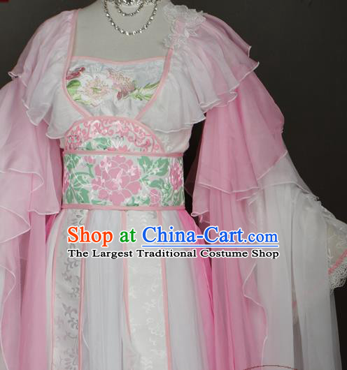 China Ancient Goddess Garments Traditional Tang Dynasty Princess Pink Hanfu Dress Cosplay Noble Lady Clothing