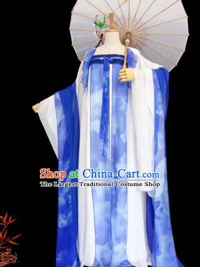 China Ancient Imperial Concubine Garments Traditional Tang Dynasty Palace Lady Blue Hanfu Dress Cosplay Fairy Clothing