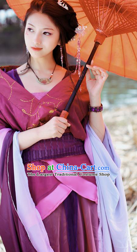 China Cosplay Female Swordsman Clothing Ancient Goddess Garments Traditional Han Dynasty Princess Purple Hanfu Dress