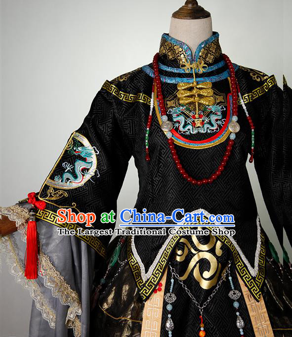 China Ancient Fairy Queen Black Garments Traditional Game Performance Black Dress Cosplay Goddess Clothing