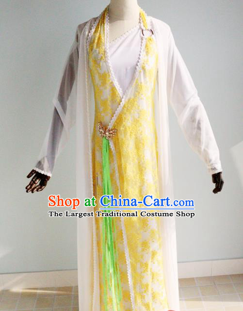 China Ancient Princess Garments Traditional Goddess Yellow Hanfu Dress Cosplay Drama Seven Fairy Huang Er Clothing
