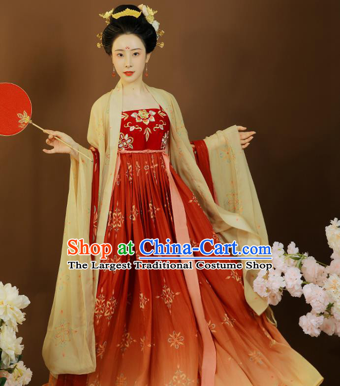 China Tang Dynasty Imperial Concubine Clothing Traditional Red Hanfu Dress Garment Ancient Court Woman Embroidered Apparels