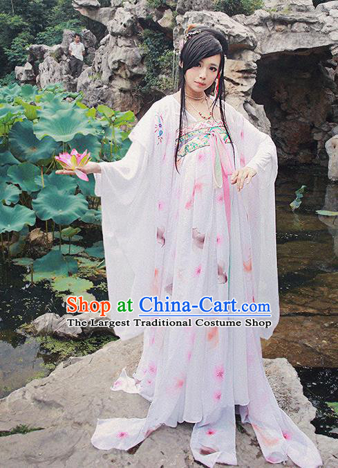 China Cosplay Fox Fairy Clothing Ancient Noble Lady Garments Traditional Tang Dynasty Princess White Hanfu Dress