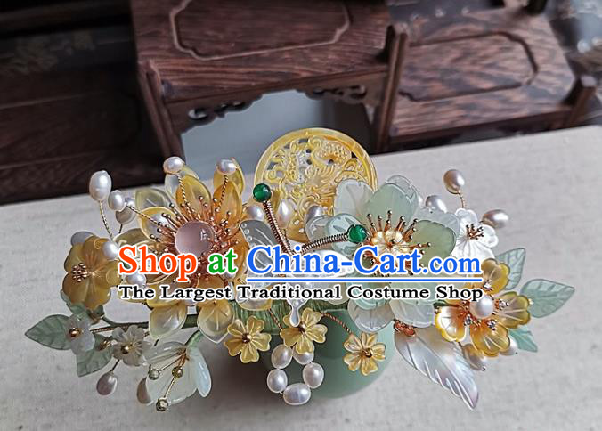China Handmade Ancient Princess Hair Accessories Song Dynasty Palace Lady Jade Hair Crown Traditional Hanfu Shell Lotus Hairpin