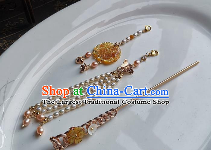 China Ming Dynasty Pearls Tassel Hair Stick Traditional Hanfu Hair Accessories Handmade Ancient Empress Shell Hairpin