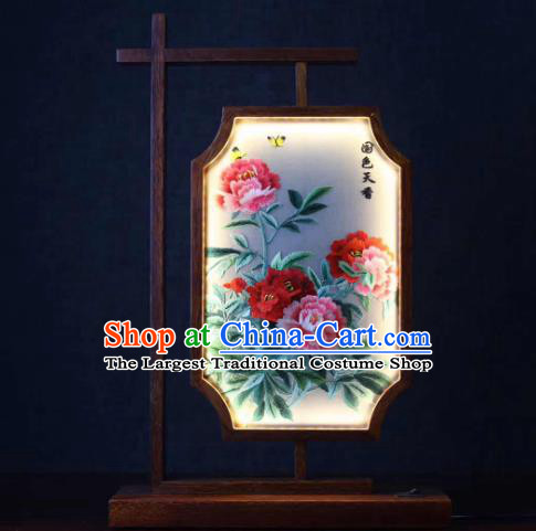 Chinese Embroidered Peony Table Screen Suzhou Embroidery Desk Lamp Handmade LED Lantern