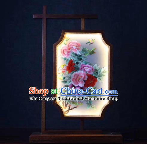 Chinese Suzhou Embroidery Desk Lamp Handmade LED Lantern Embroidered Peony Flowers Table Screen