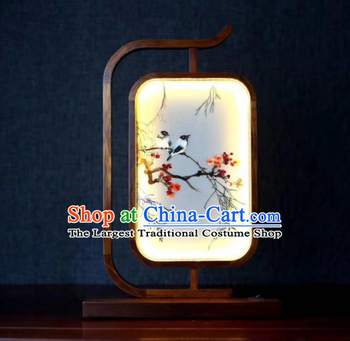 Chinese Embroidered Plum Bird Table Screen Suzhou Embroidery Craft Handmade Desk Lamp LED Lantern