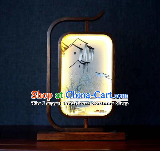 Chinese Handmade LED Lantern Embroidered Village Scene Table Screen Suzhou Embroidery Craft Desk Lamp