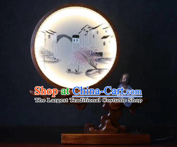 Chinese Suzhou Embroidery Craft Desk Lamp Handmade LED Lantern Embroidered Watertown Table Screen
