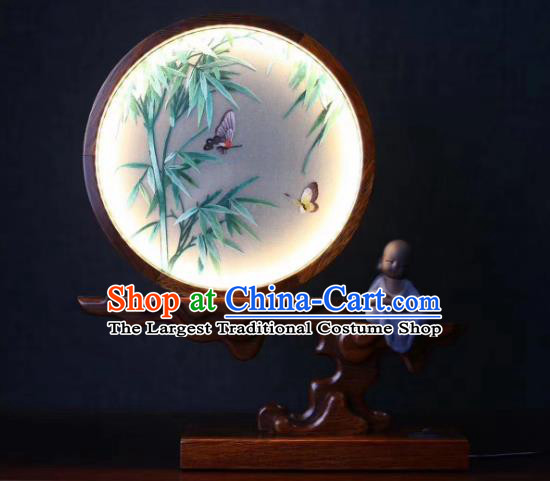 Chinese Handmade LED Lamp Embroidered Bamboo Table Screen Suzhou Double Side Embroidery Craft Desk Lantern
