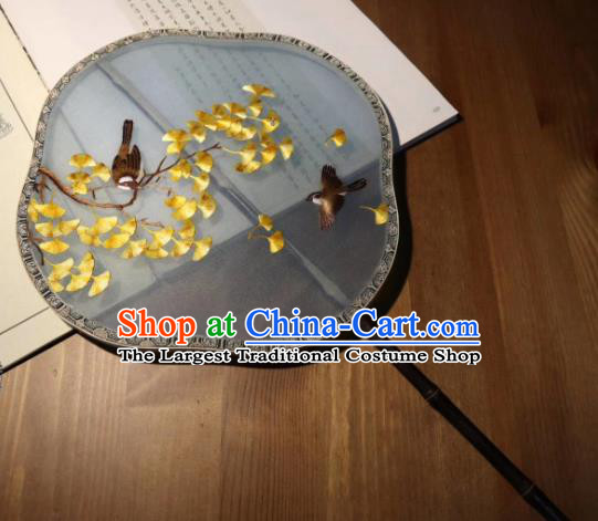 China Handmade Ming Dynasty Court Fans Traditional Hanfu Fan Embroidered Ginkgo Leaf Palace Fan Double Side Blue Silk Fan
