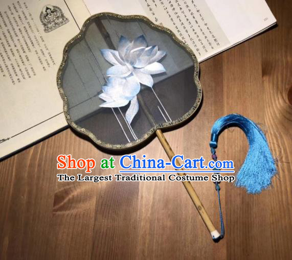 China Handmade Song Dynasty Court Fans Traditional Hanfu Black Silk Fan Classical Palace Fan Embroidered Lotus Double Side Fan