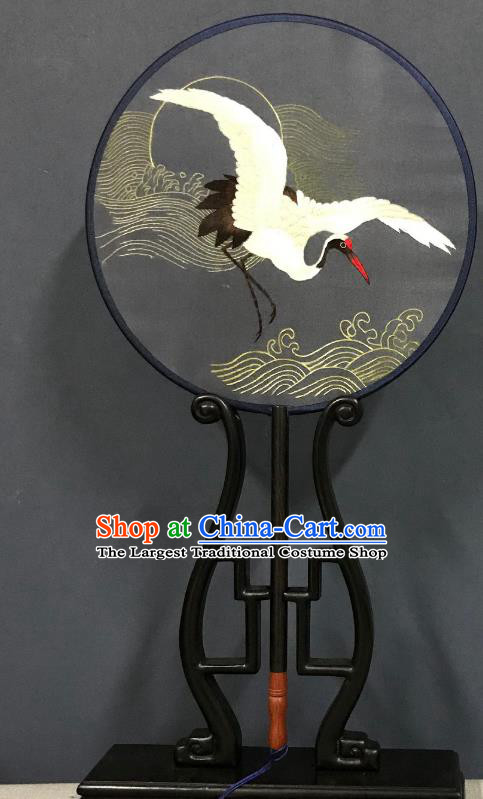 China Traditional Hanfu Grey Silk Fan Suzhou Embroidered Crane Palace Fan Handmade Double Side Fan Classical Dance Circular Fans