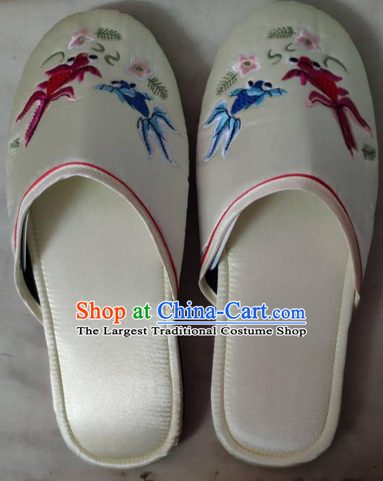 Chinese Wedding Bride Shoes Handmade White Satin Shoes Embroidery Goldfish Slippers