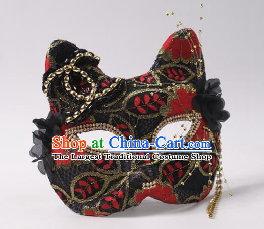 Handmade Deluxe Fox Face Mask Halloween Stage Performance Headpiece Cosplay Party Black Lace Mask