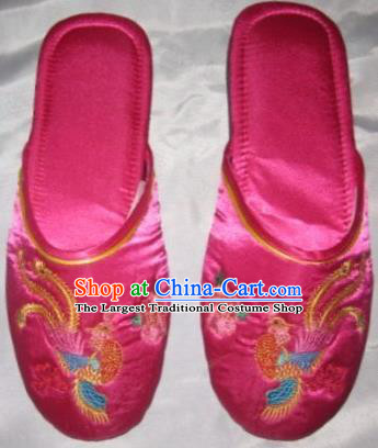 Chinese Embroidered Phoenix Peony Slippers Wedding Embroidery Footwear Bride Shoes Handmade Rosy Satin Shoes