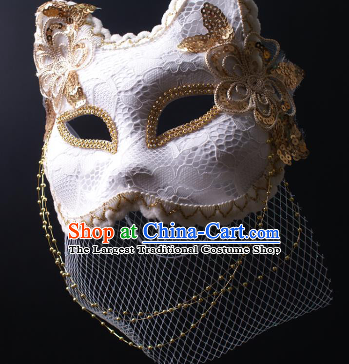 Handmade White Lace Fox Face Mask Deluxe Stage Performance Headpiece Halloween Cosplay Woman Veil Mask