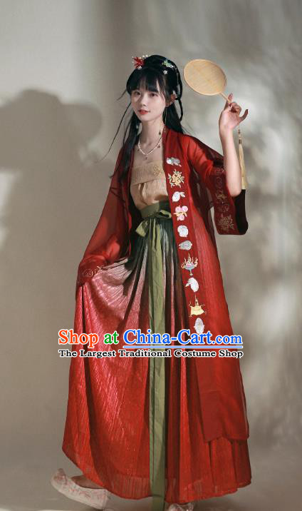 China Traditional Song Dynasty Palace Princess Historical Clothing Ancient Young Beauty Red Hanfu Dress Garments