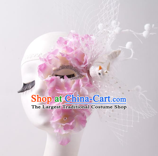 Cosplay Party White Veil Mask Halloween Handmade Half Face Mask Stage Performance Pink Silk Flowers Headpiece
