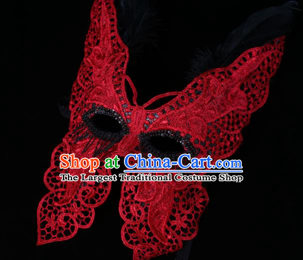 Handmade Carnival Red Lace Butterfly Face Mask Stage Performance Headpiece Halloween Cosplay Party Full Mask