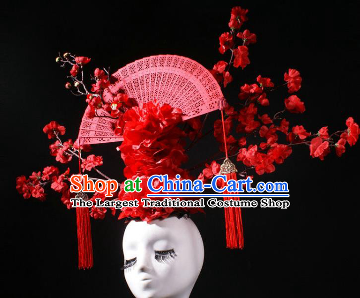 China Stage Show Headdress Catwalks Red Peony Plum Fan Hair Crown Giant Hair Accessories