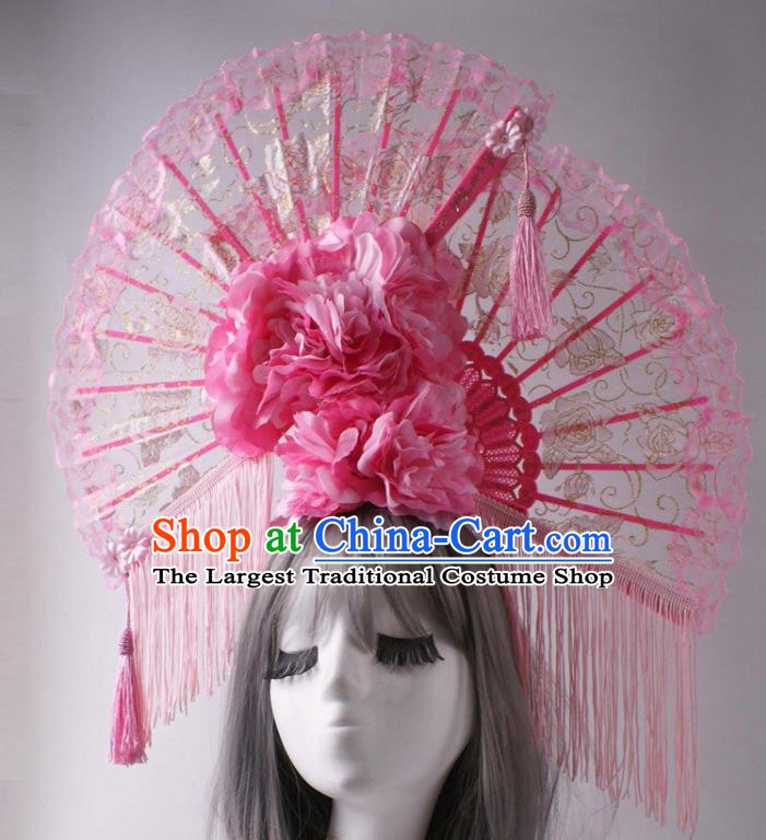 China Traditional Wedding Giant Hair Accessories Stage Show Lace Fan Headdress Catwalks Pink Peony Tassel Hair Crown