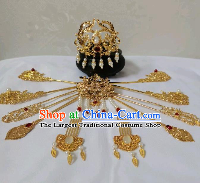 China Tang Dynasty Empress Hairpins Traditional Hanfu Hair Accessories Ancient Queen Golden Phoenix Hair Crown Full Set